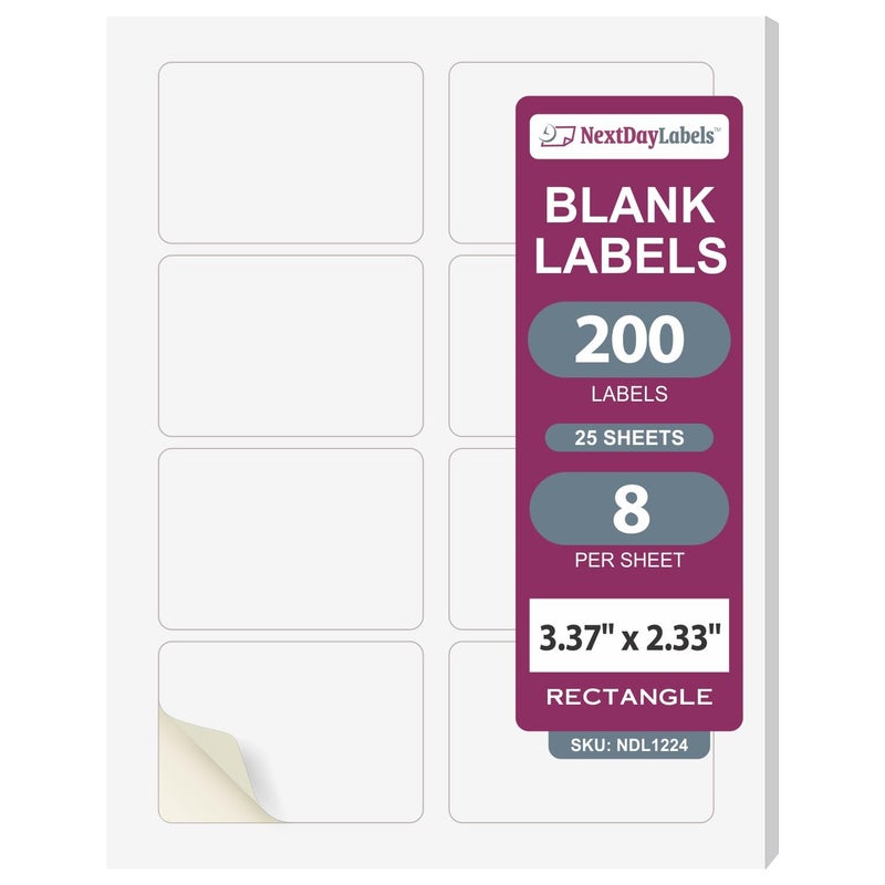 NextDayLabels ملصقات NextDayLabels - 3-3/8" x 2-1/3" ملصقات مستطيلة للطابعة - ملصقات طابعة ليزر/حبر أبيض ملصقات عنوان العودة ملصقات شحن (25 ورقة، 8 لكل ورقة، 200 ملصق) - Image 1